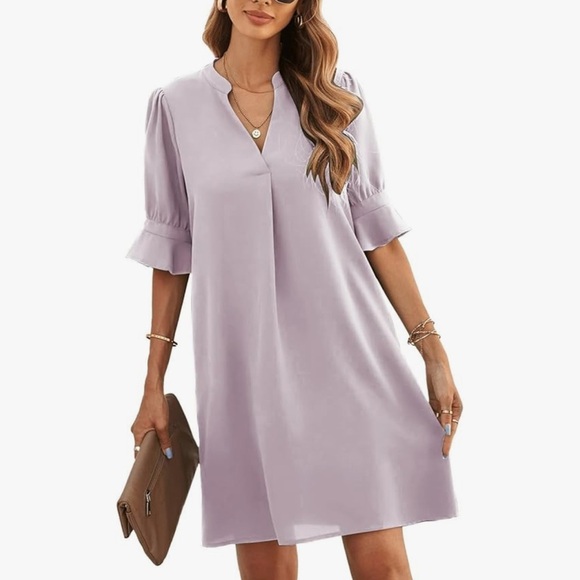 Famulily V Neck Puff Sleeve Solid Loose Fit Casual Summer Flowy Shirt Dress - Picture 2 of 11